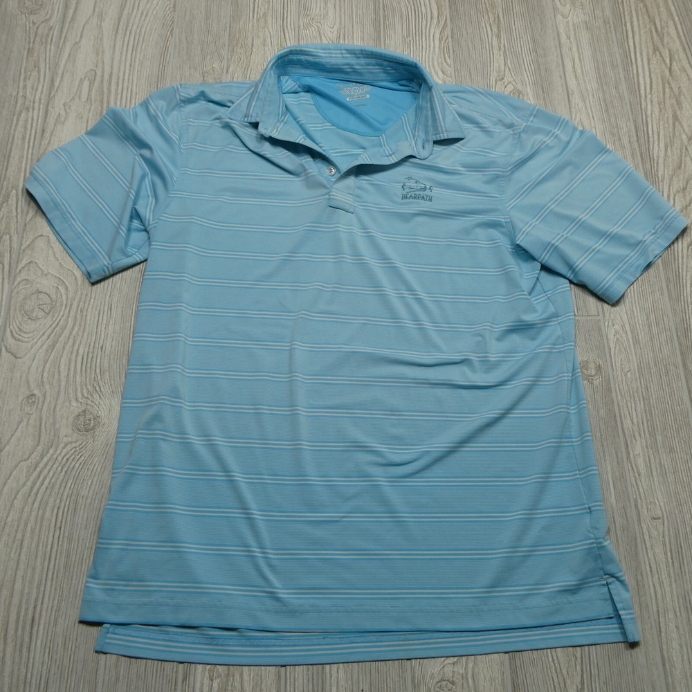 Straight Down Performance Golf Polo Adult Large Blue White Striped Bearpath Logo